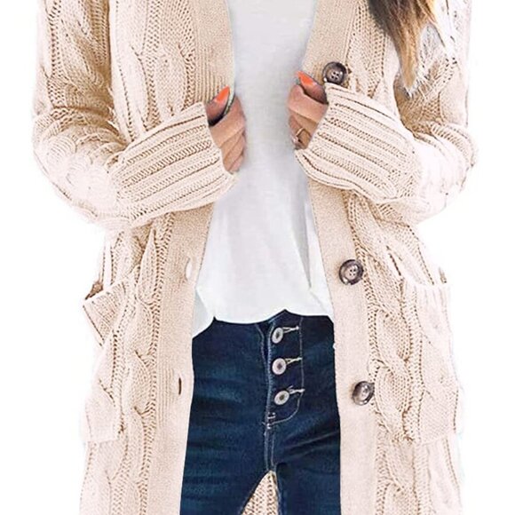 Sweaters - Long Sleeve Cable Knit Chunky Cardigan Open Front Button Sweater with Pockets